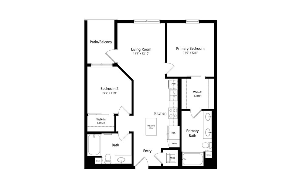 B0.1 - 2 bedroom floorplan layout with 2 baths and 960 square feet.