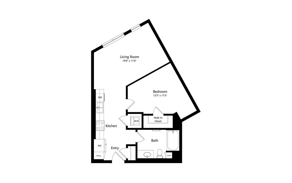 A2 - 1 bedroom floorplan layout with 1 bath and 673 square feet.