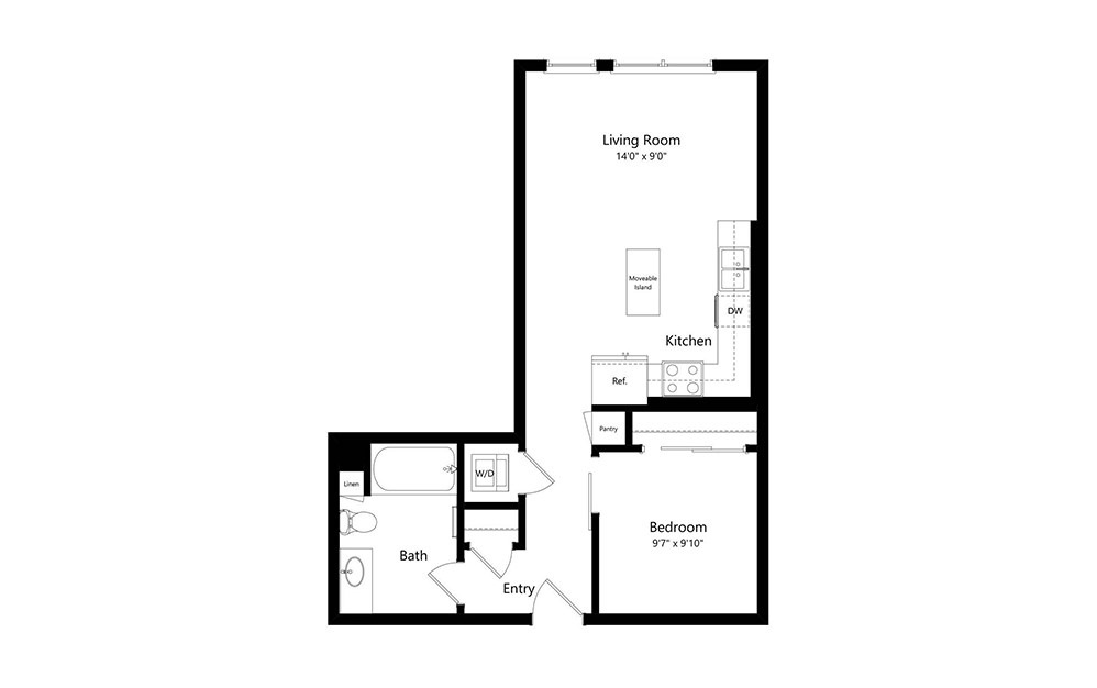 A0 - 1 bedroom floorplan layout with 1 bath and 627 square feet.