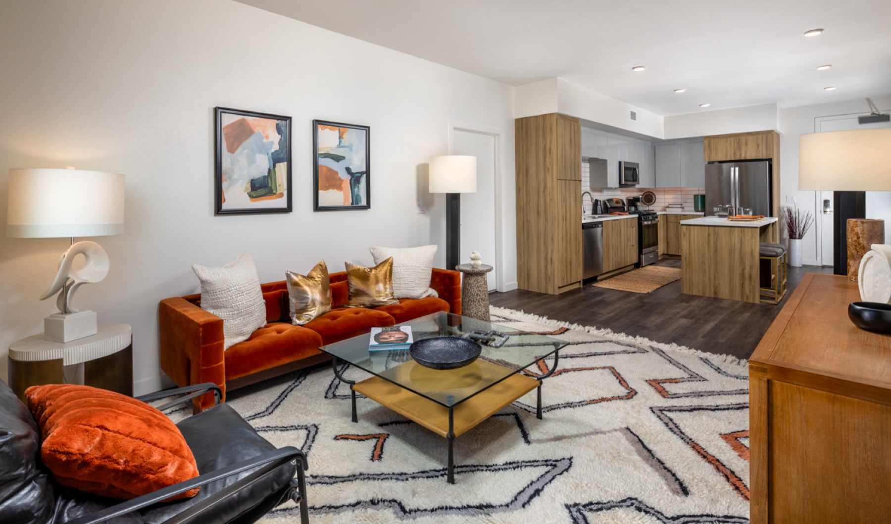 one bedroom living room and kitchen view  one bedroom living room and kitchen view