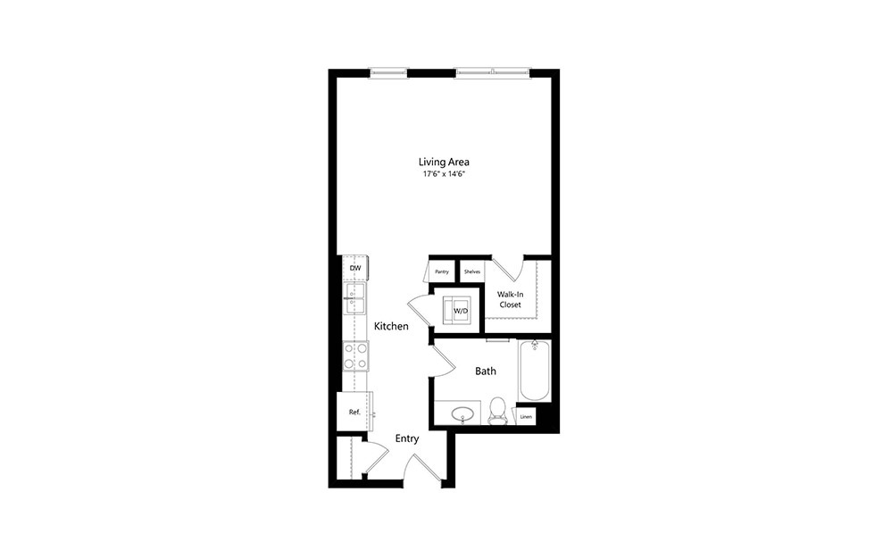 S1.3 - Studio floorplan layout with 1 bath and 576 square feet.