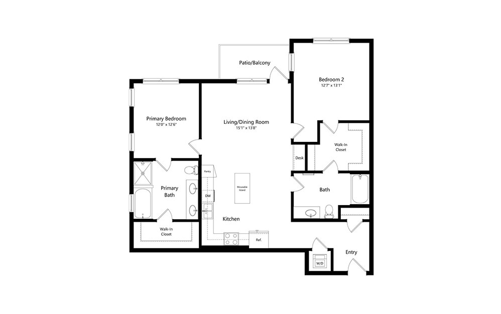B3 - 2 bedroom floorplan layout with 2 baths and 1275 square feet.