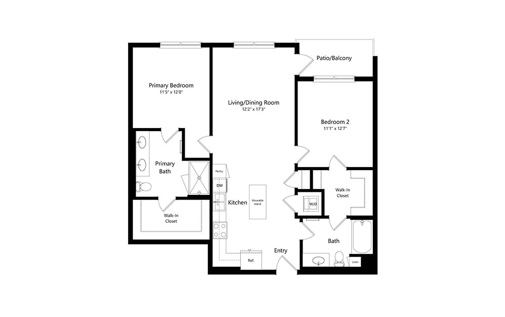 B1 - 2 bedroom floorplan layout with 2 baths and 1106 square feet.