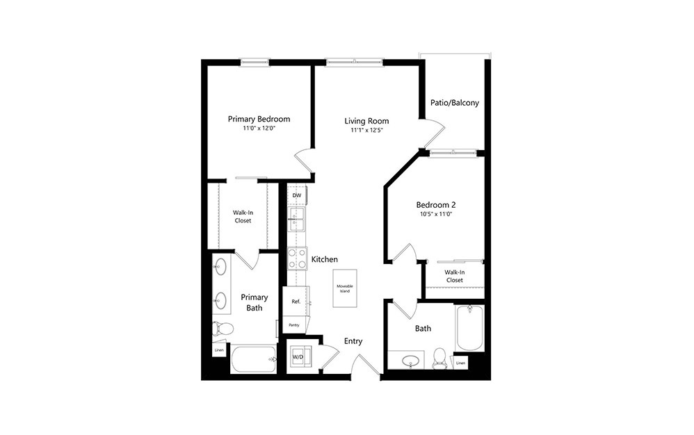 B0 - 2 bedroom floorplan layout with 2 baths and 949 square feet.