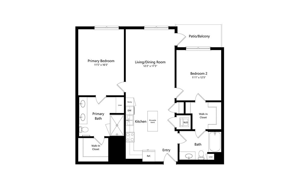 B1.5 - 2 bedroom floorplan layout with 2 baths and 1137 square feet.