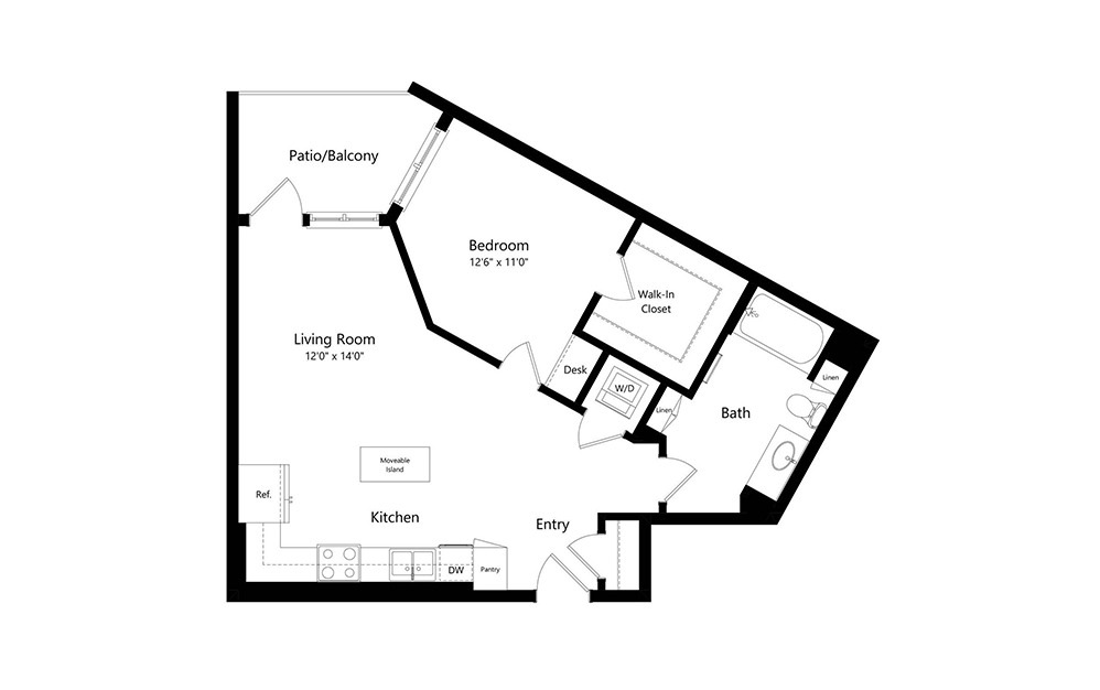 A4 - 1 bedroom floorplan layout with 1 bath and 730 square feet.