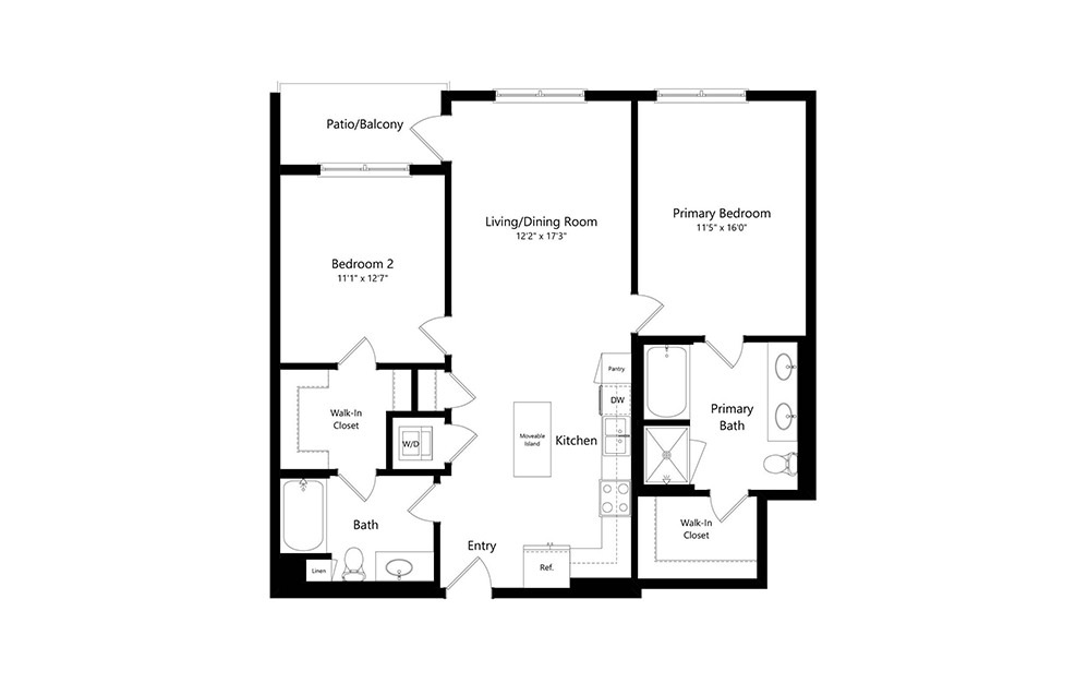 B1.1 - 2 bedroom floorplan layout with 2 baths and 1128 square feet.