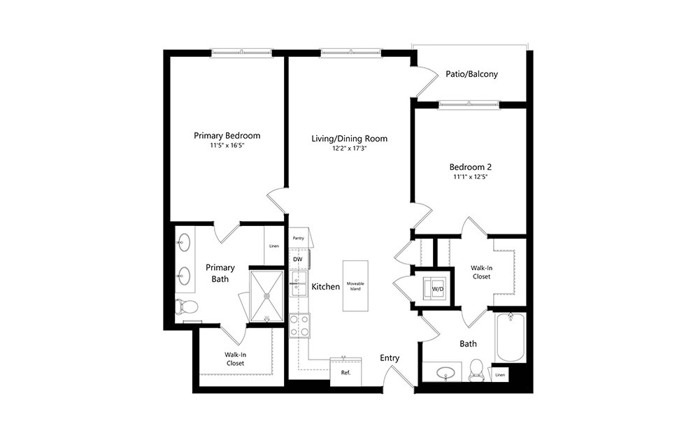 B1.4 - 2 bedroom floorplan layout with 2 baths and 1140 square feet.
