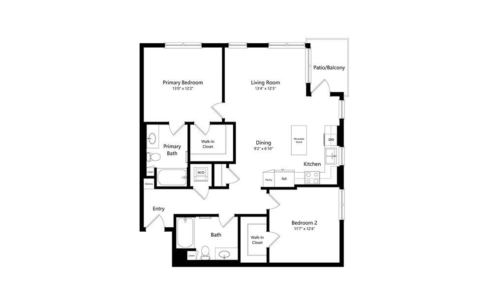 B2 - 2 bedroom floorplan layout with 2 baths and 1118 square feet.