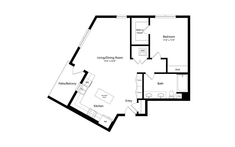 A6 - 1 bedroom floorplan layout with 1 bath and 908 square feet.